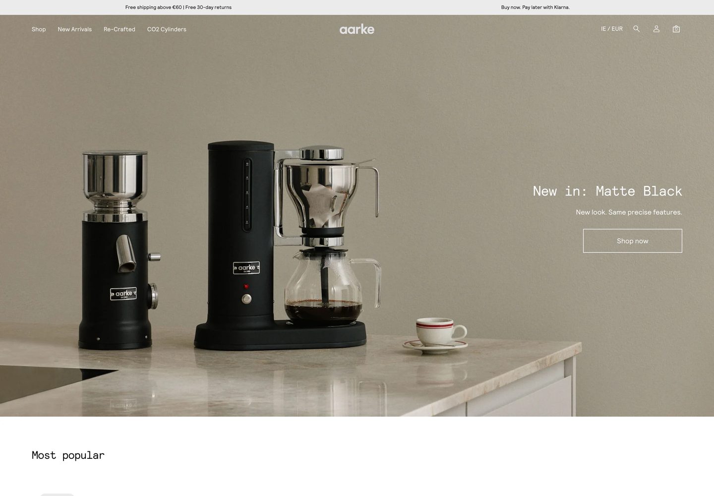 Desktop homepage of Aarke
