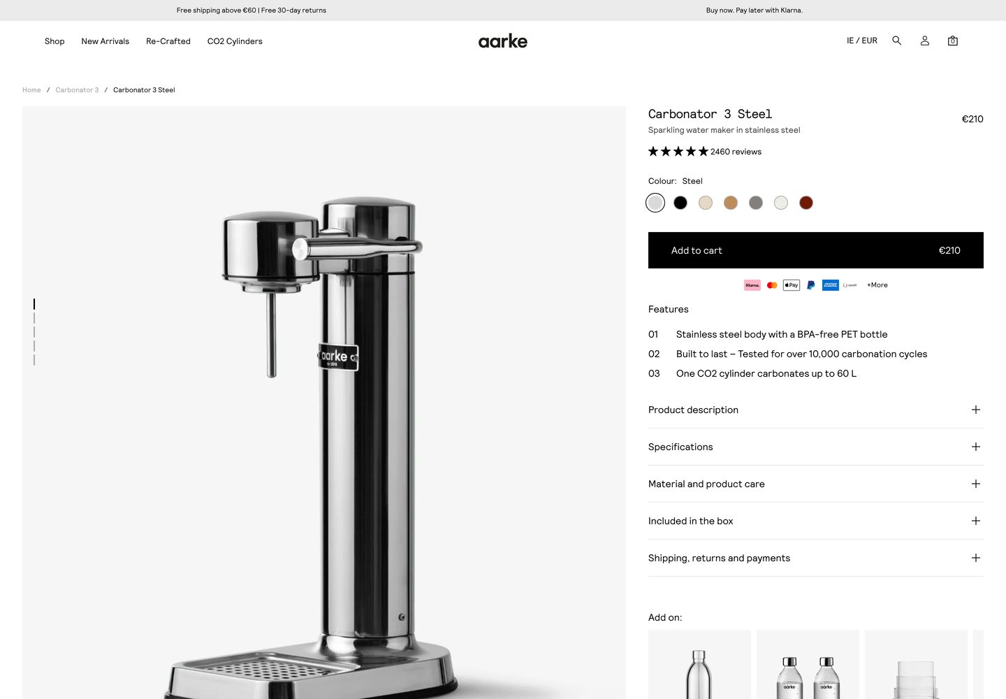 Desktop product page of Aarke