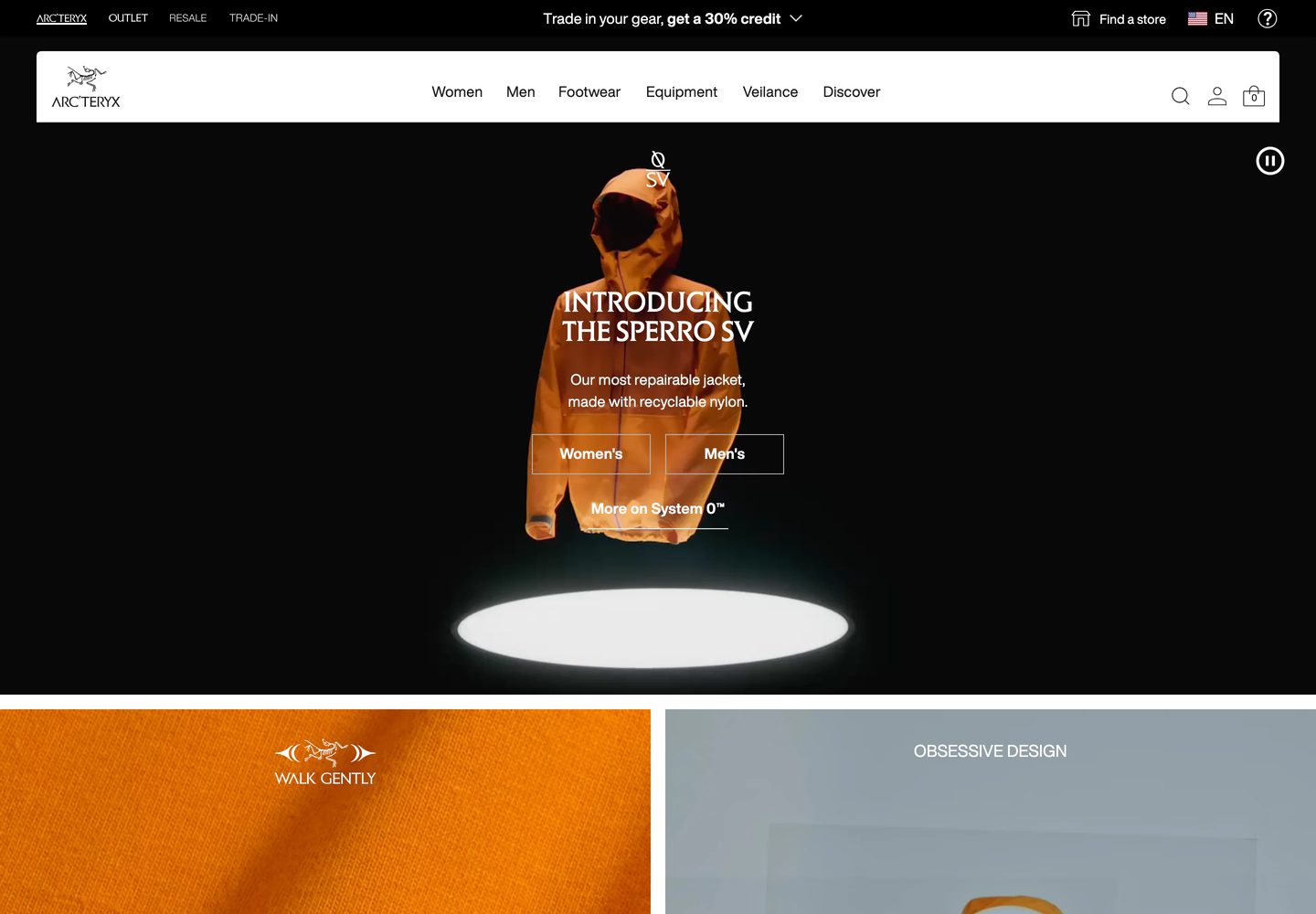 Desktop homepage of Arc'teryx
