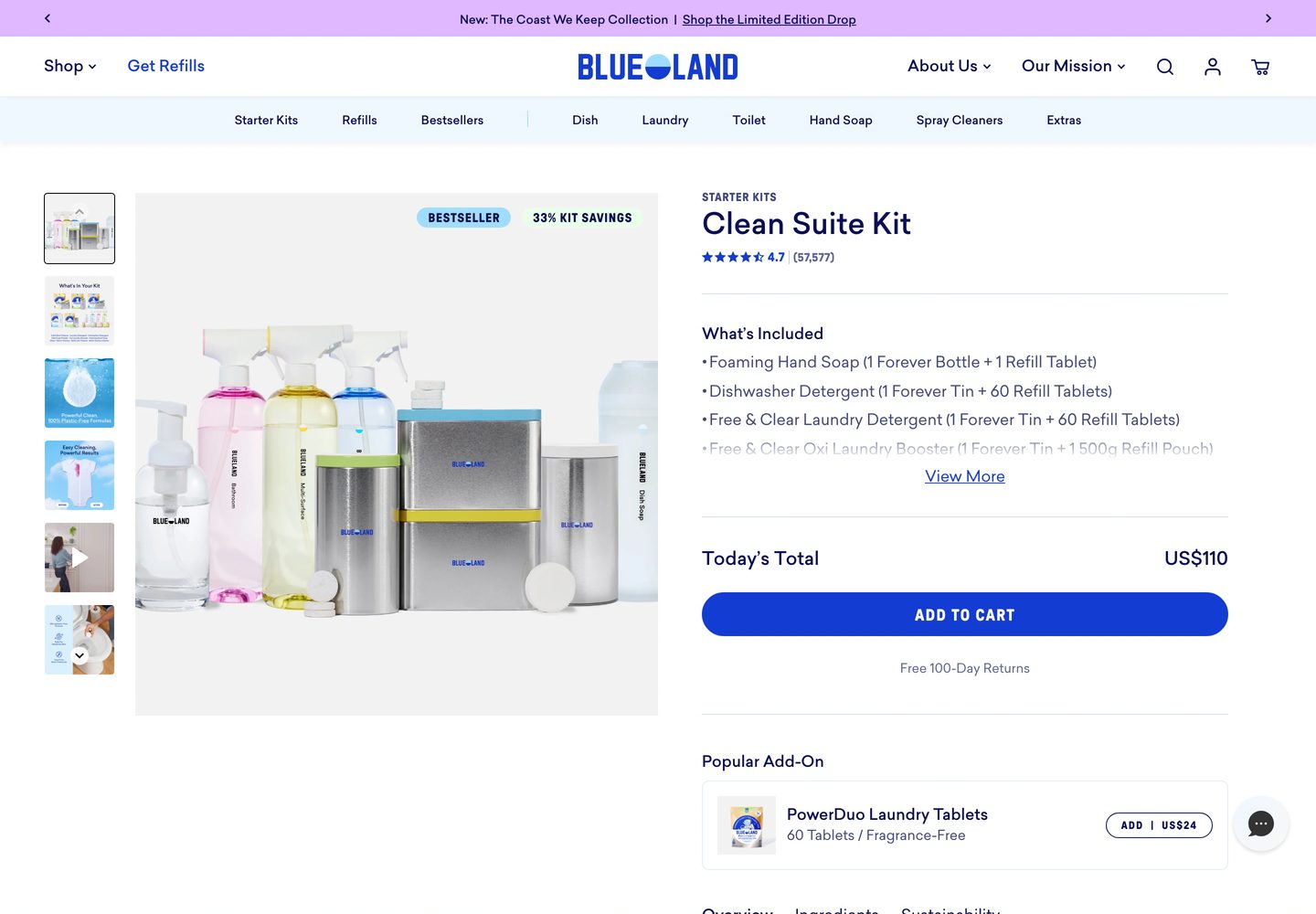 Desktop product page of Blueland