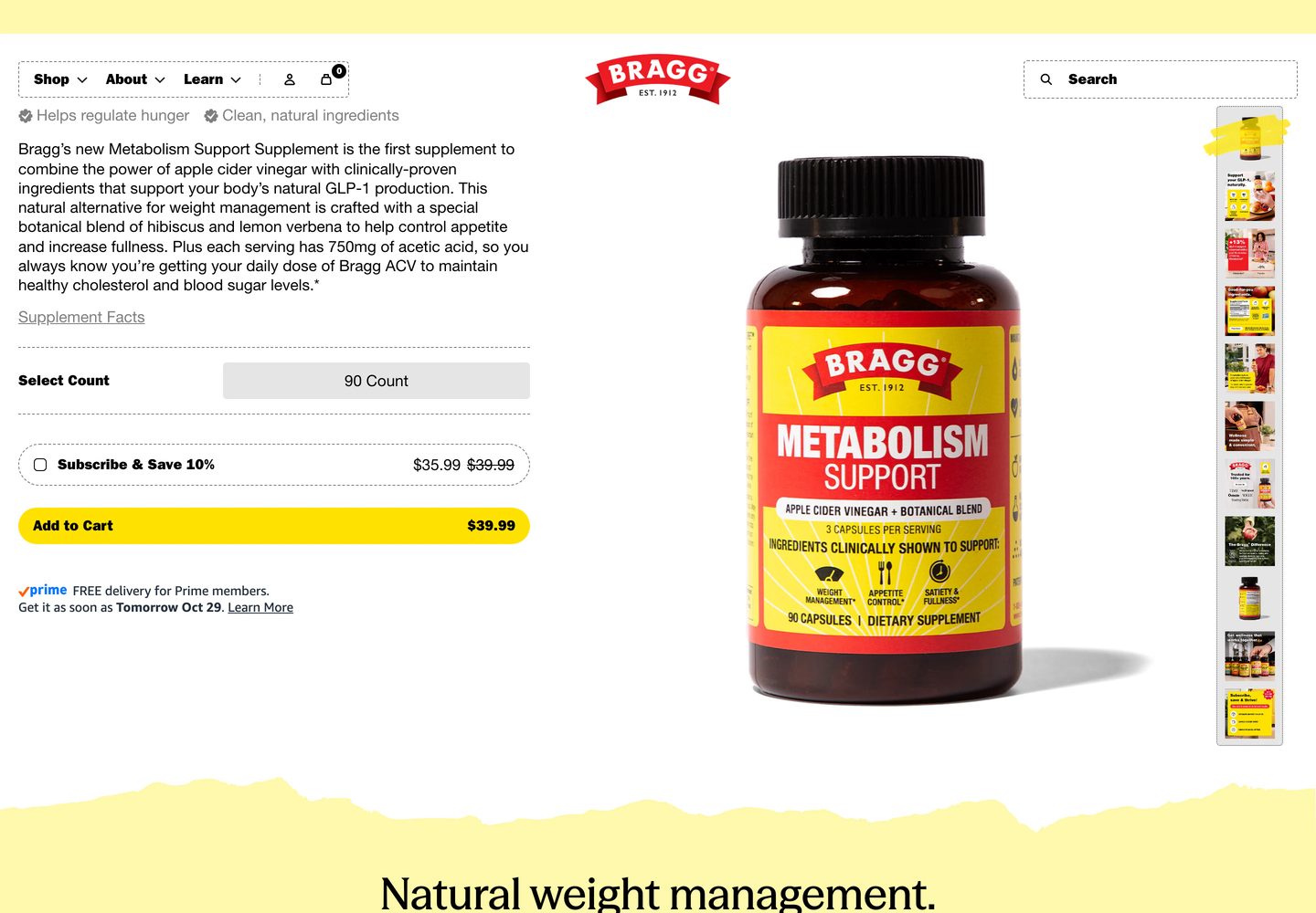 Desktop product page of Bragg