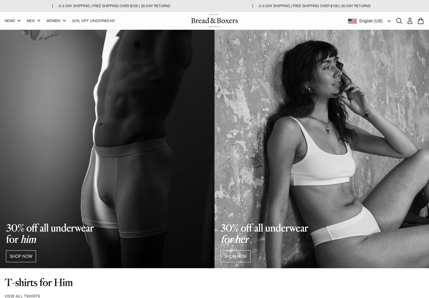 Desktop homepage of Bread & Boxers