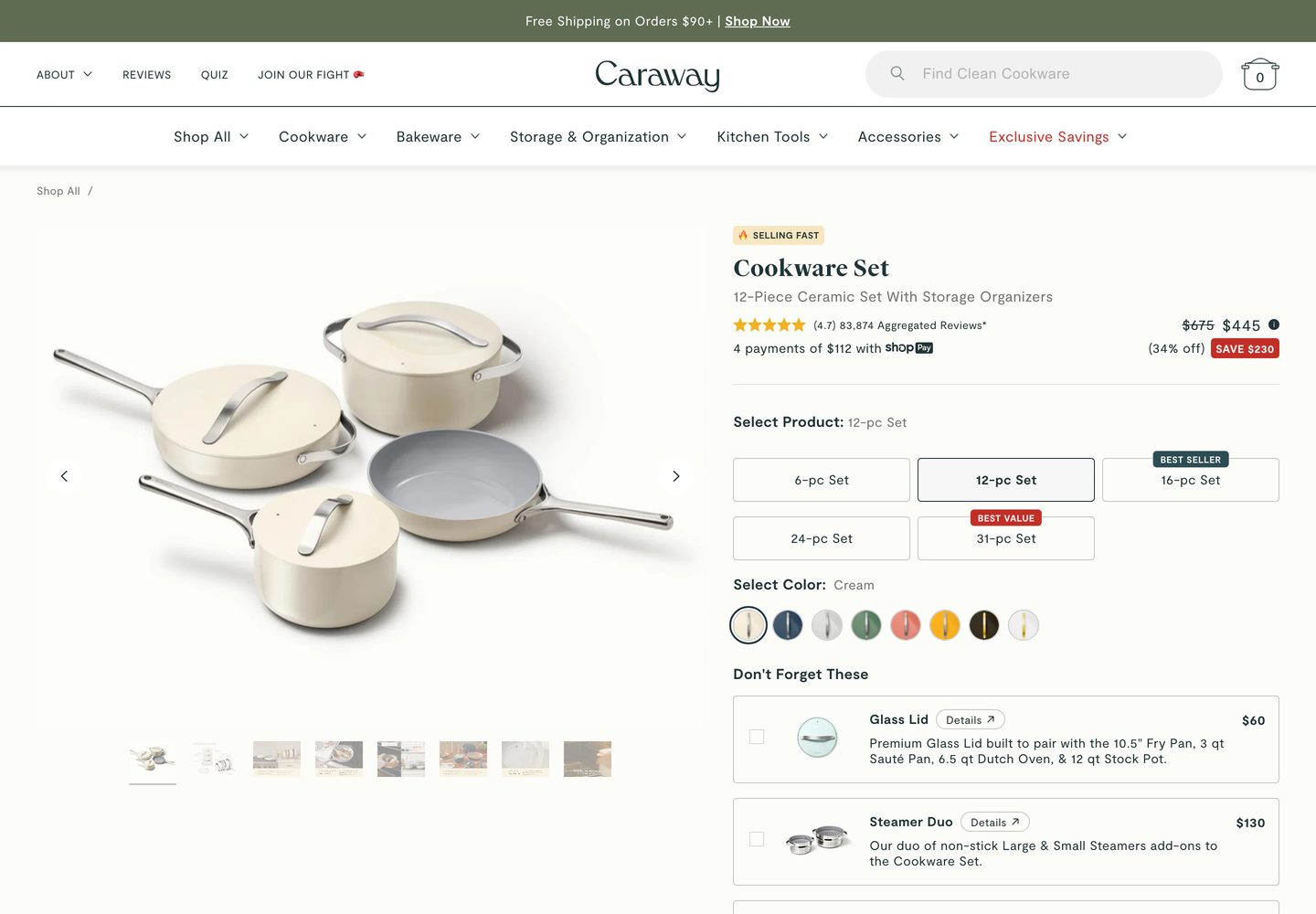 Desktop product page of Caraway