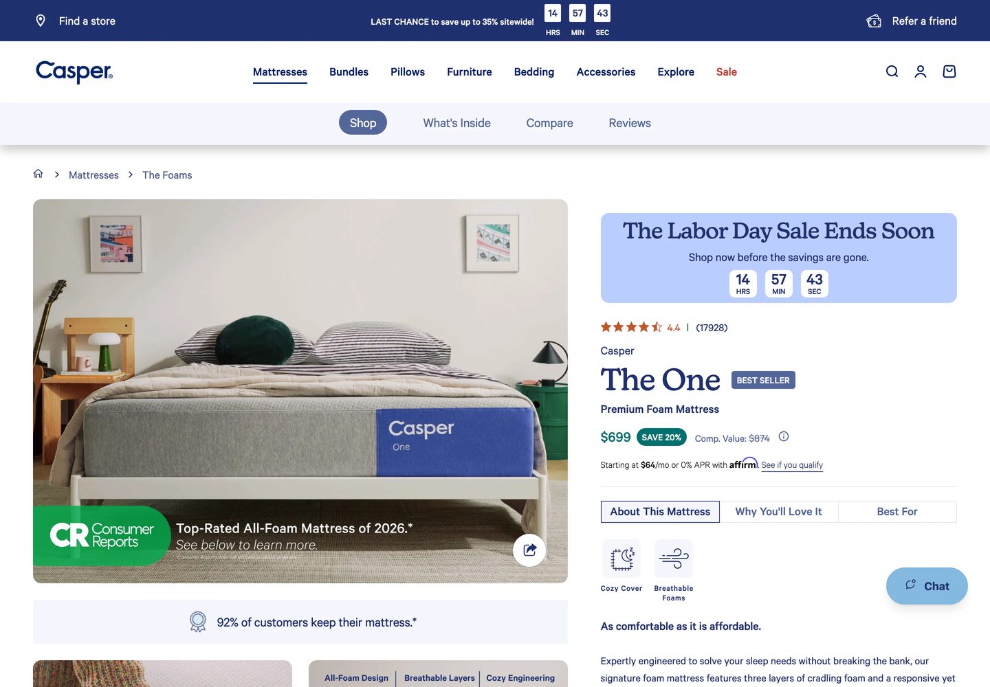 Desktop product page of Casper