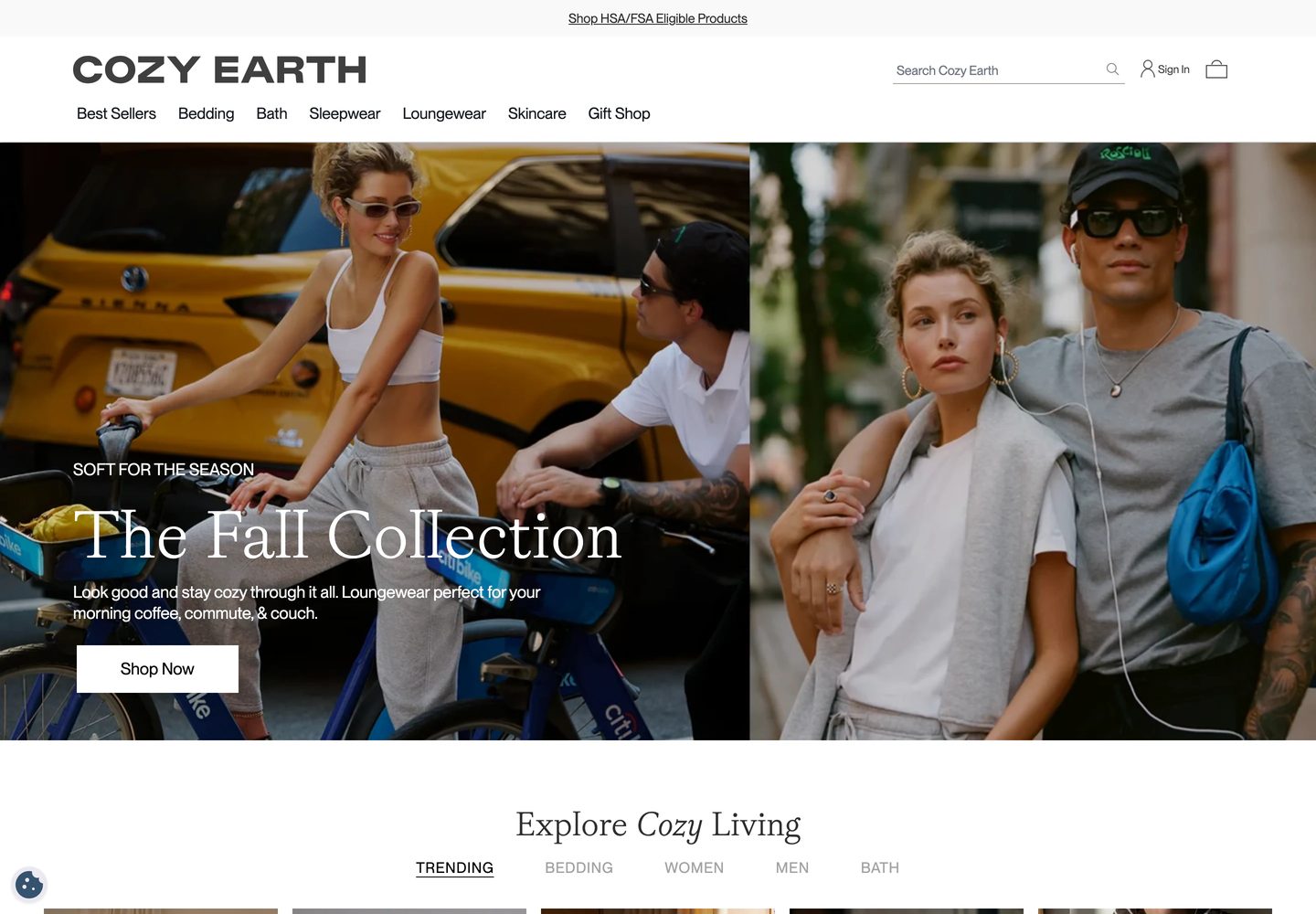 Desktop homepage of Cozy Earth