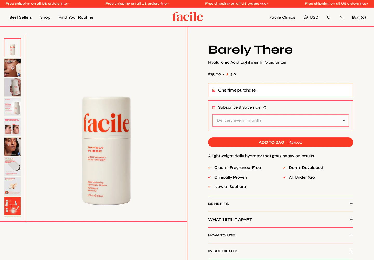 Desktop product page of Facile