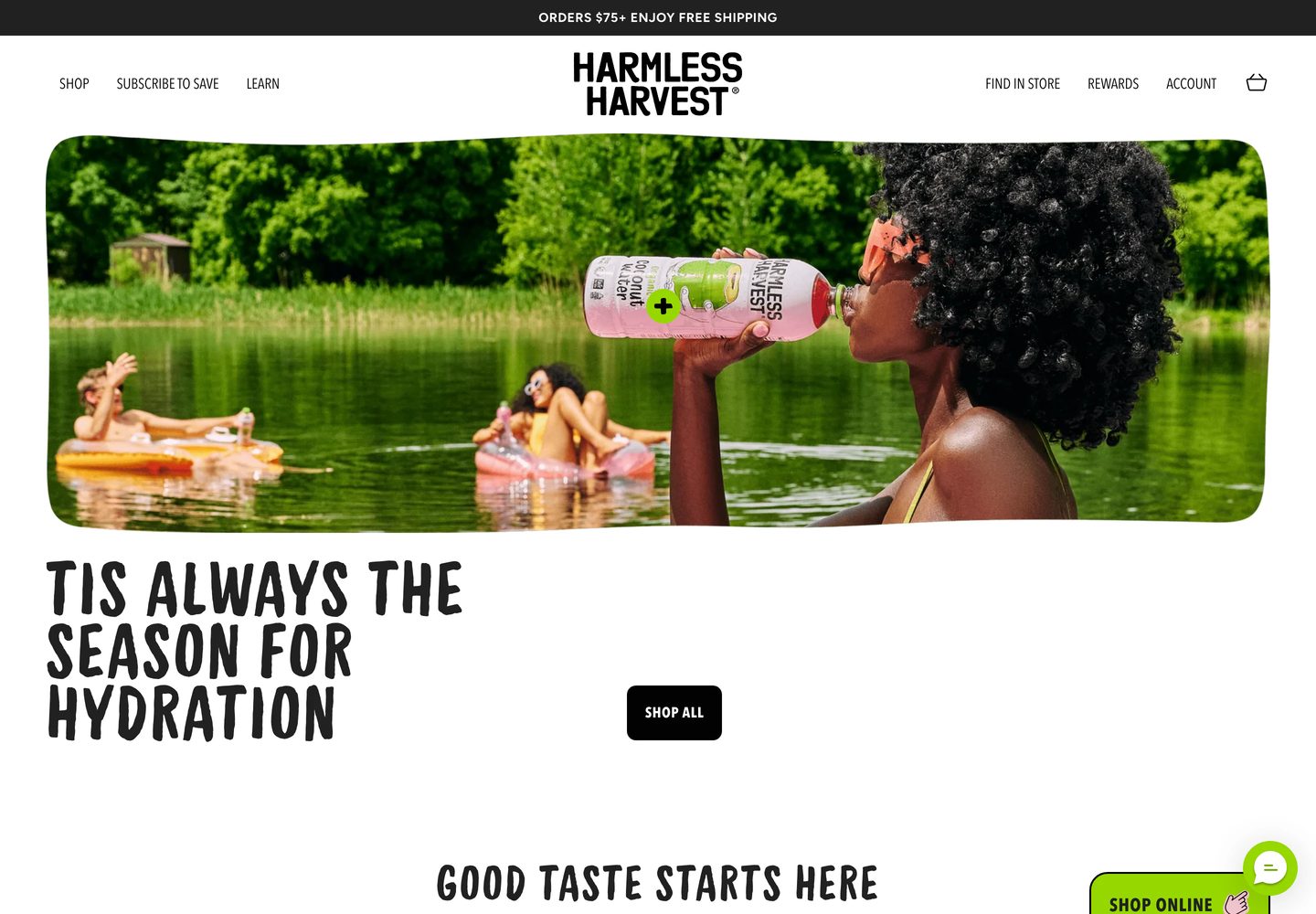 Desktop homepage of Harmless Harvest