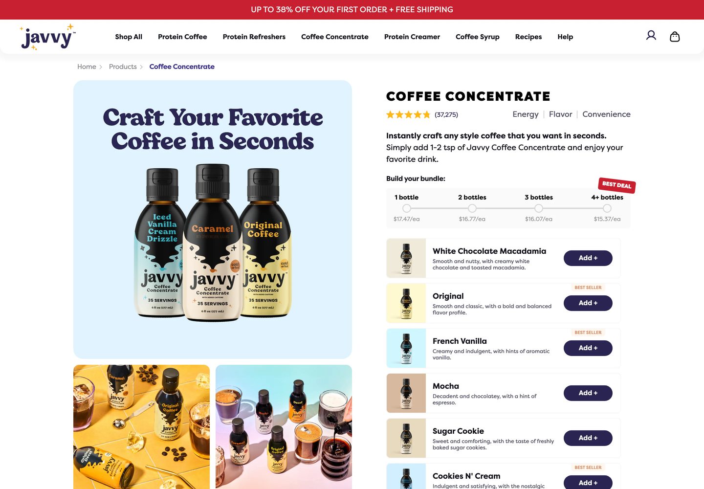 Desktop product page of Javvy