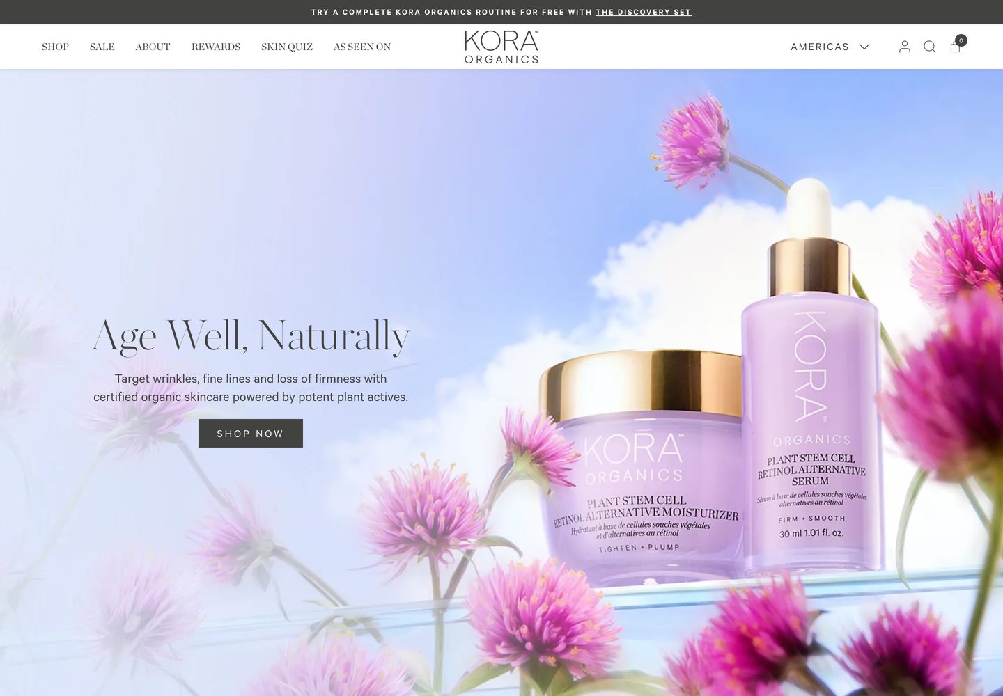 Desktop homepage of Kora Organics