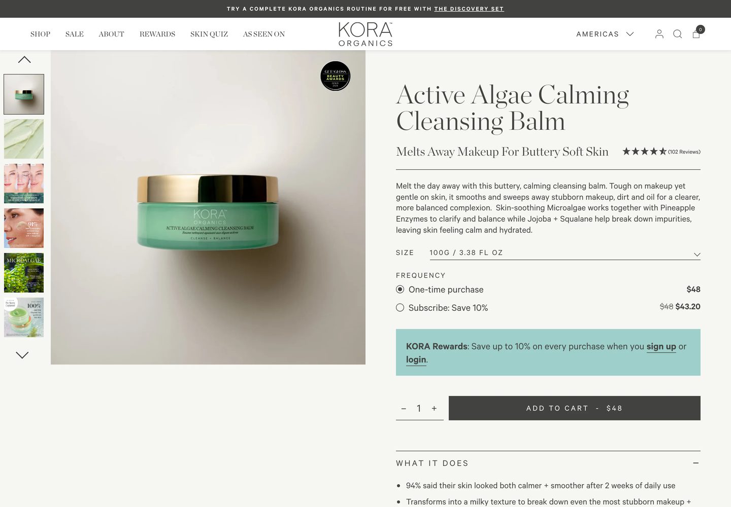 Desktop product page of Kora Organics