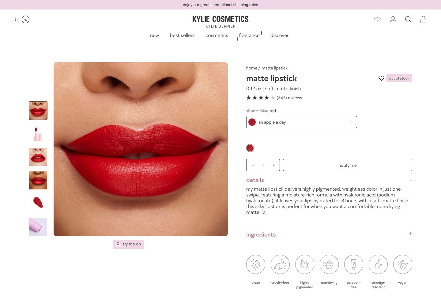 Desktop product page of Kylie Cosmetics