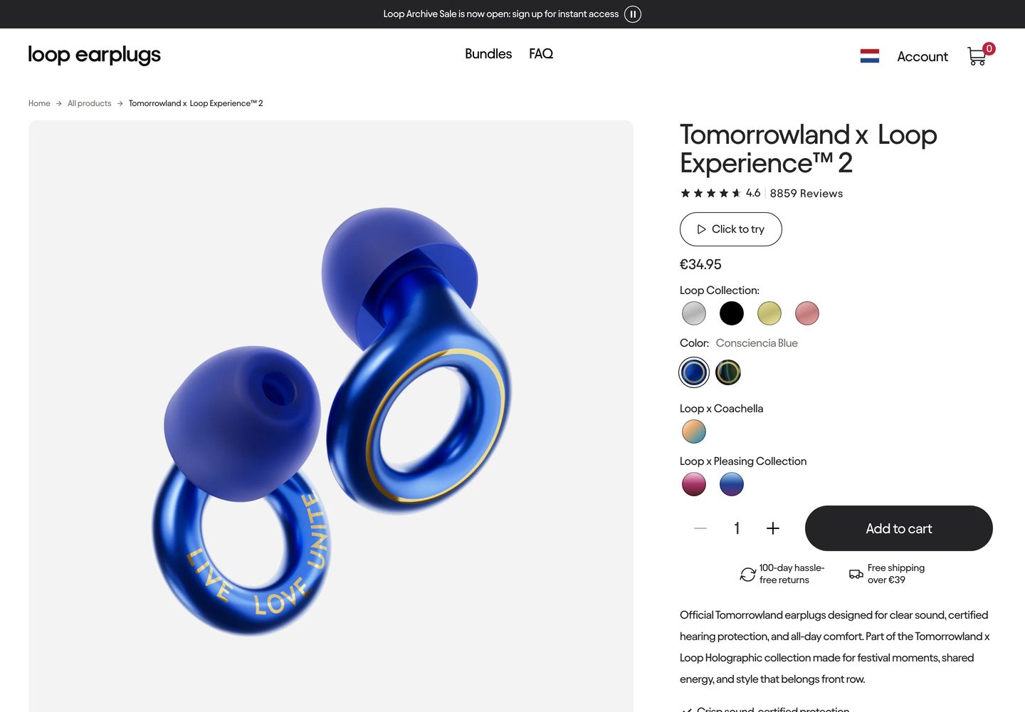 Desktop product page of Loop Earplugs