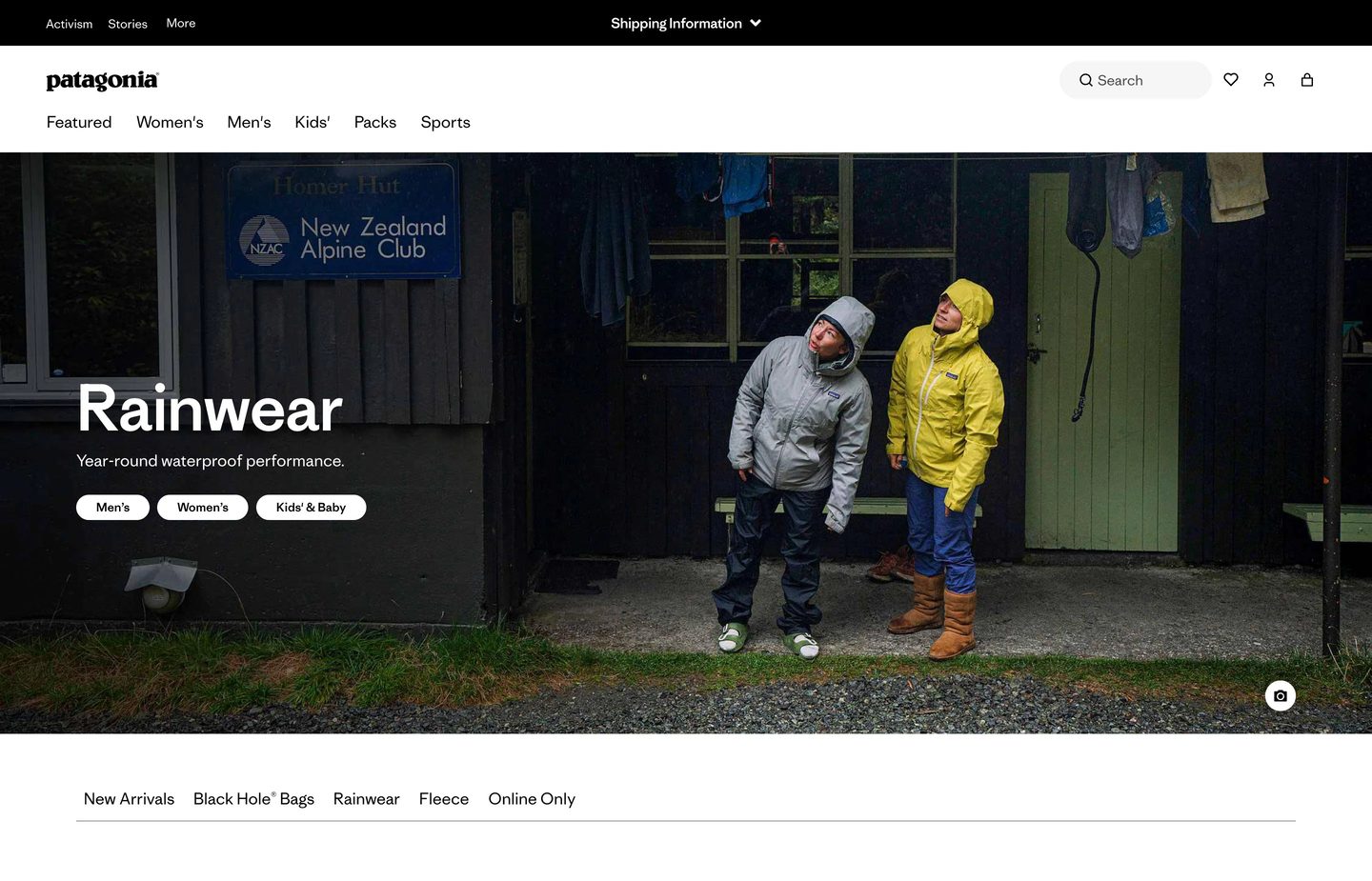 Desktop homepage of Patagonia