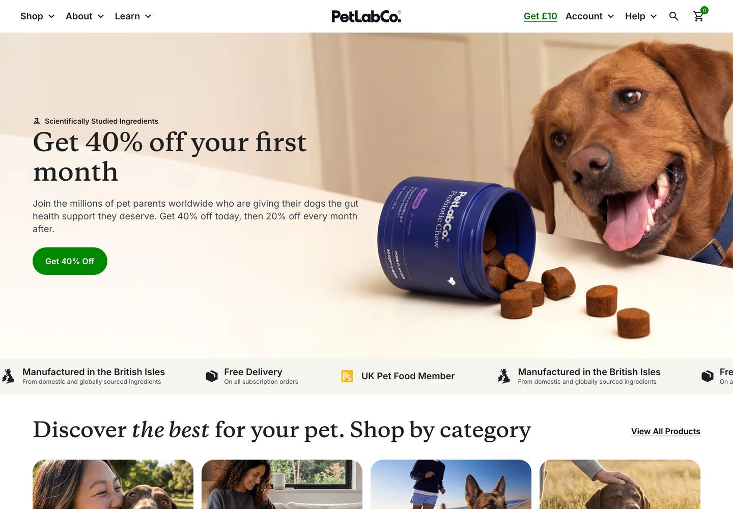 Desktop homepage of PetLab Co