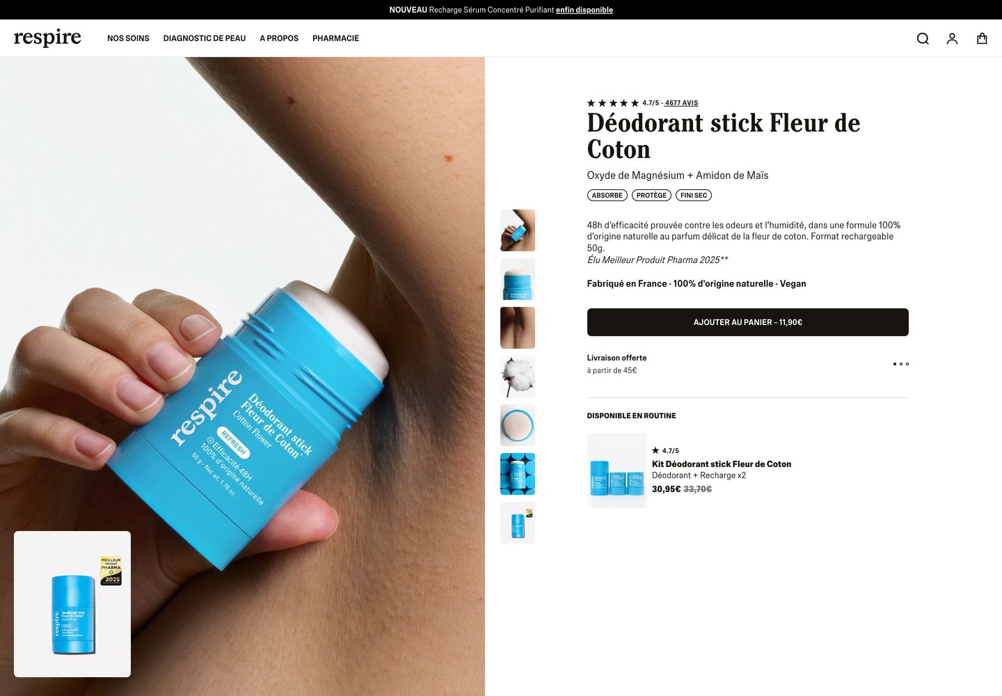 Desktop product page of Respire