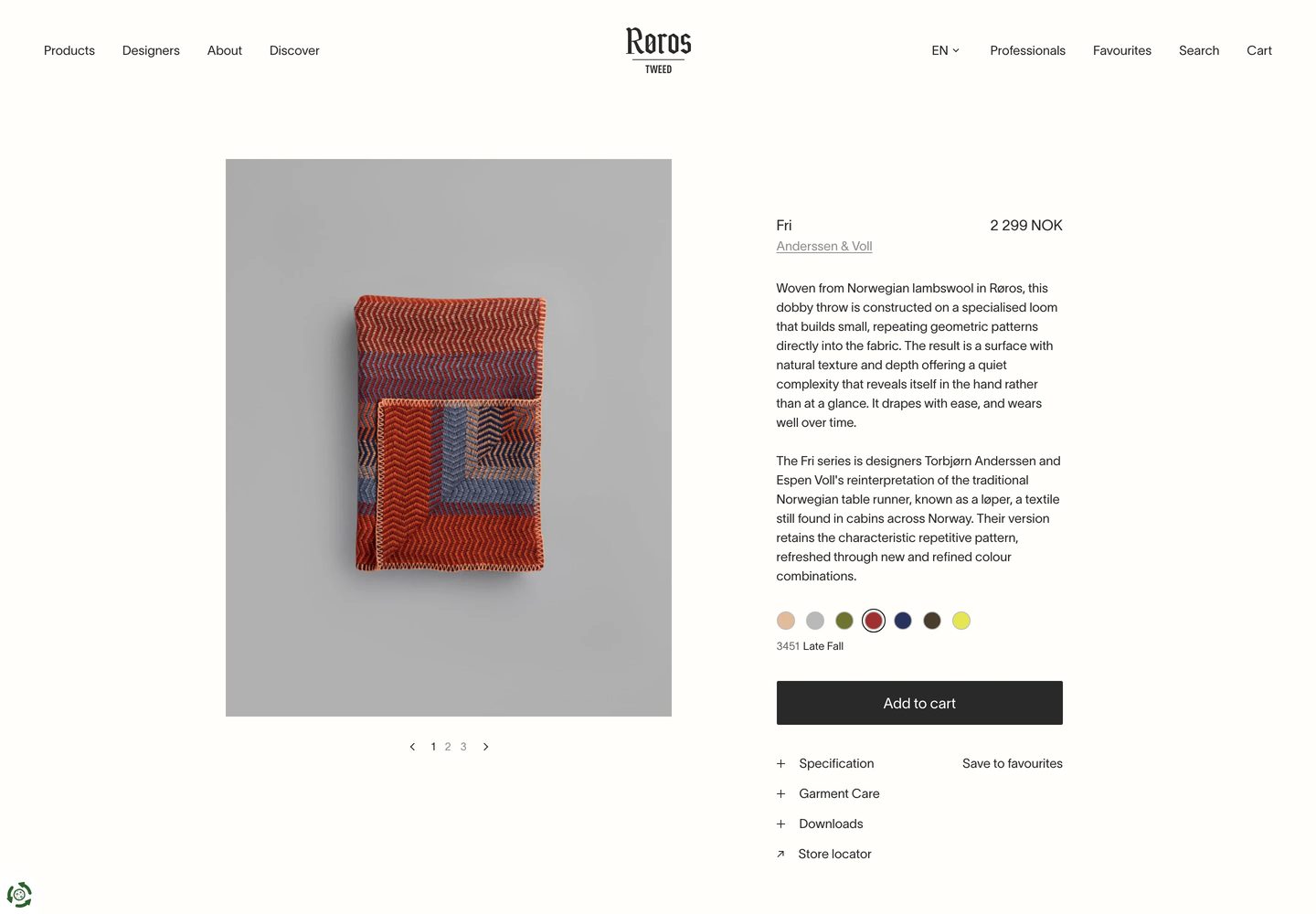 Desktop product page of Røros Tweed