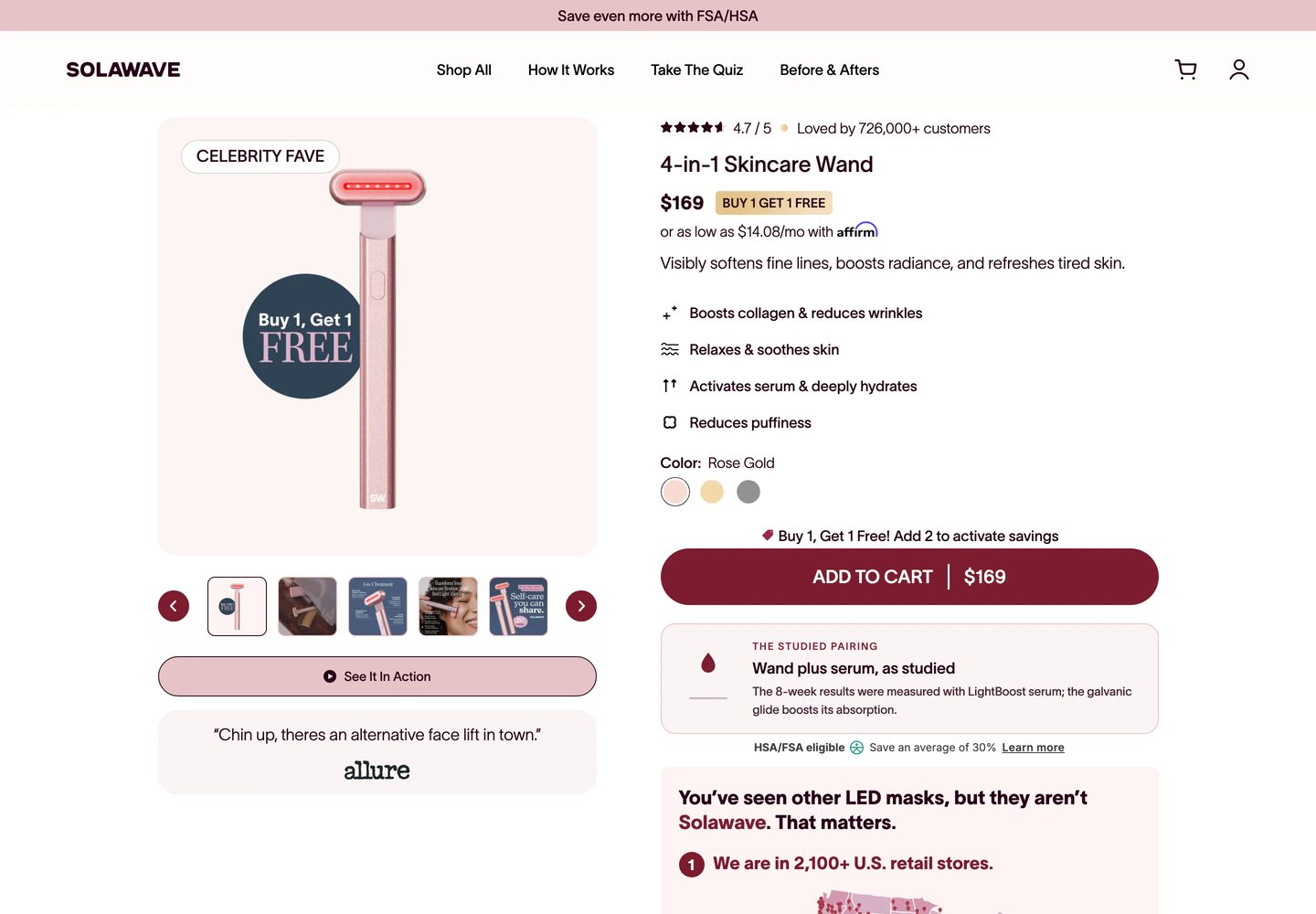 Desktop product page of Solawave