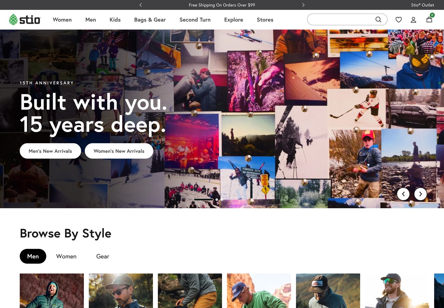 Desktop homepage of Stio