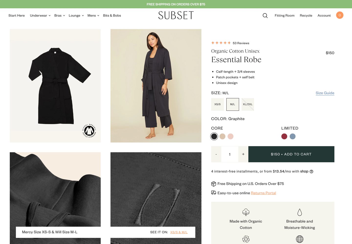 Desktop product page of Subset