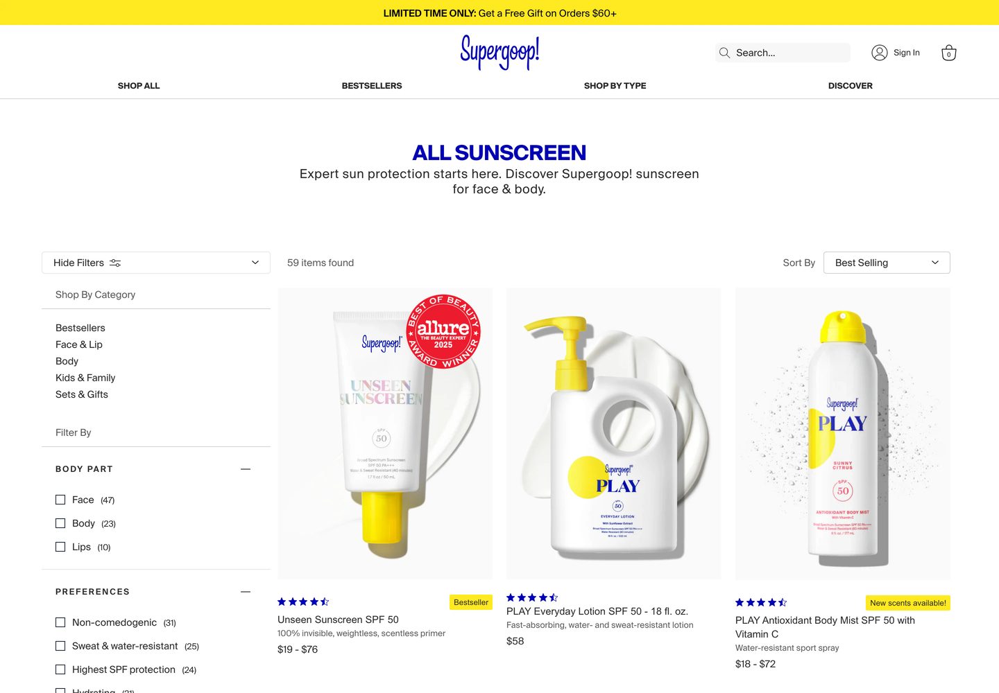 Desktop catalog of Supergoop!
