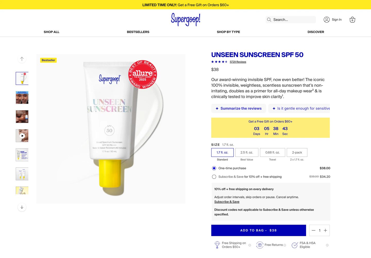 Desktop product page of Supergoop!