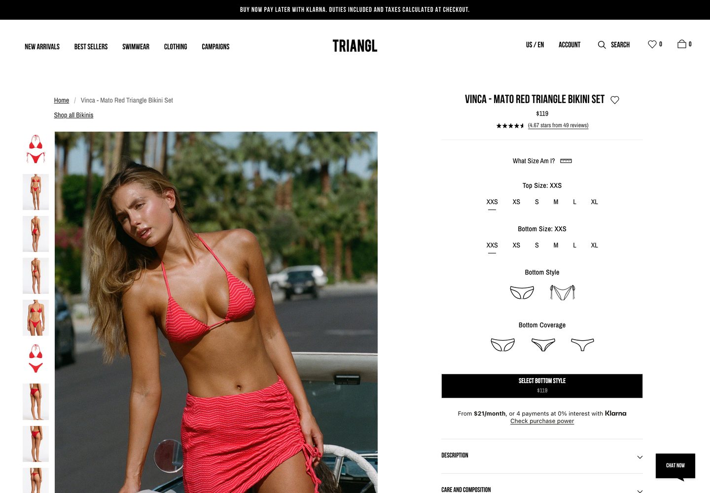 Desktop product page of Triangl