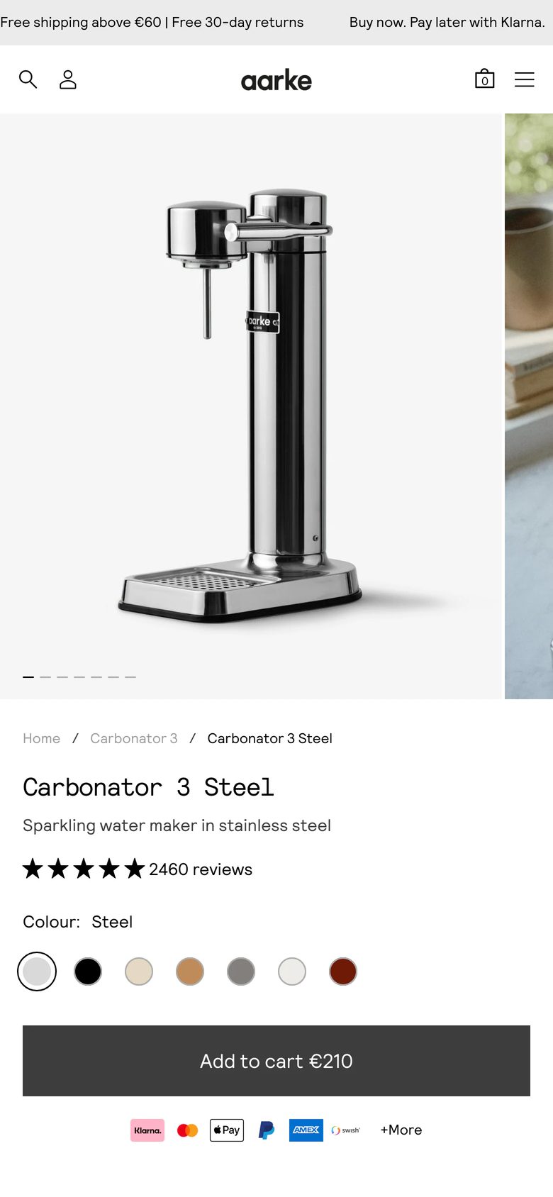 Mobile product page of Aarke