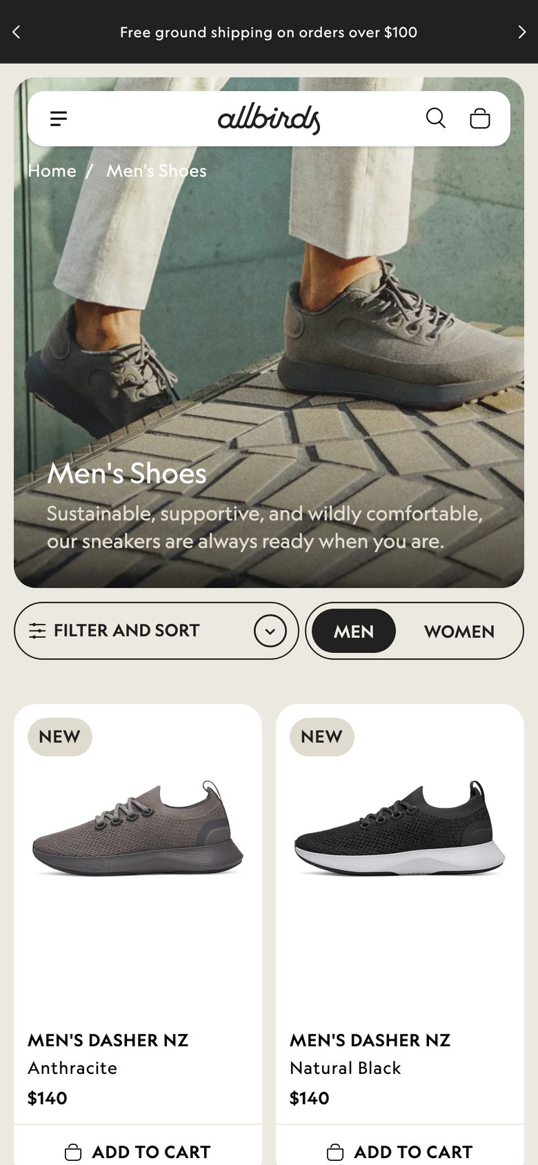 Mobile catalog of Allbirds