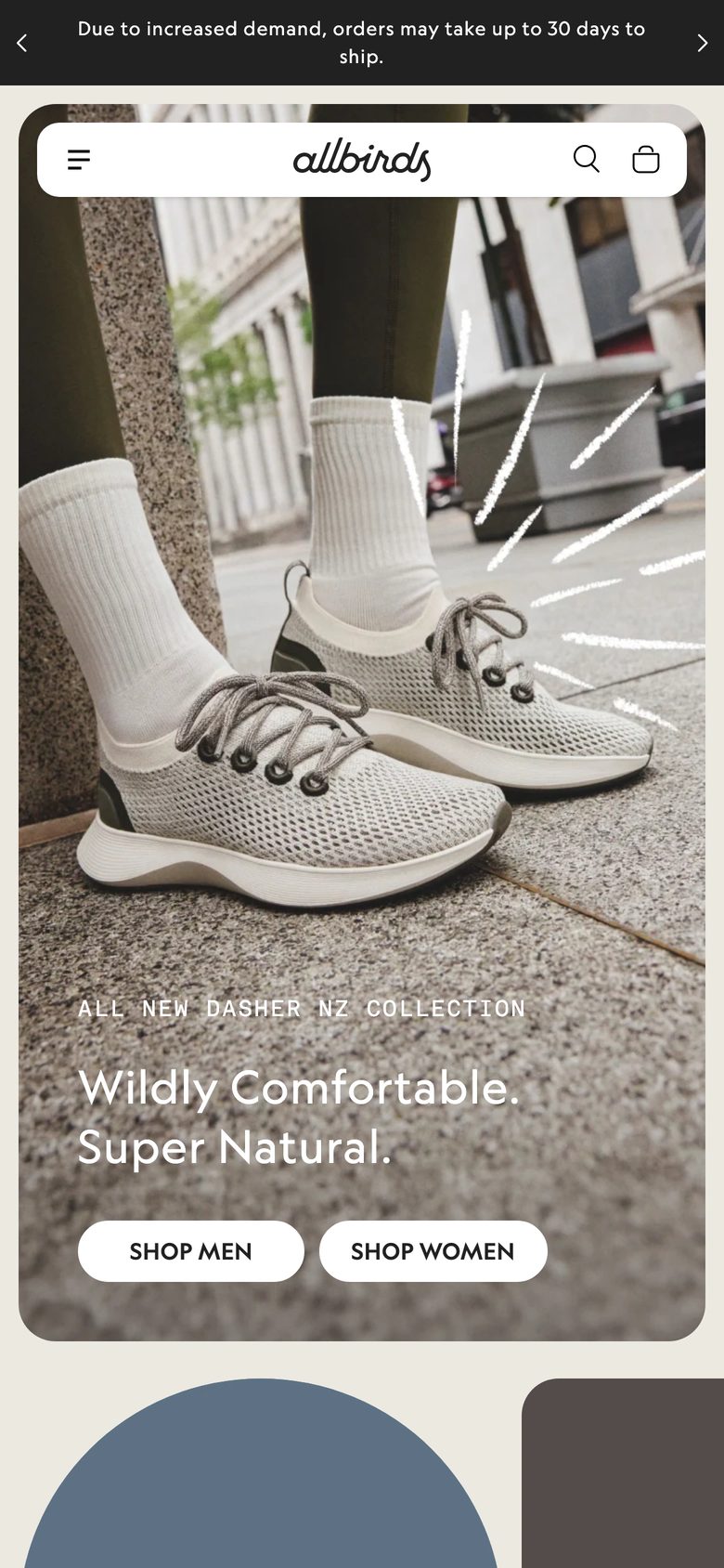Mobile homepage of Allbirds