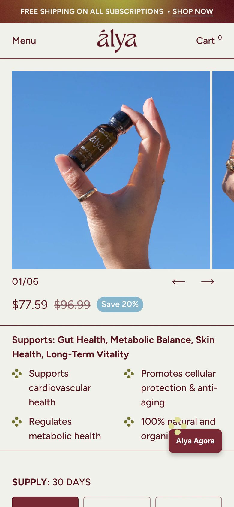 Mobile product page of Alya Health