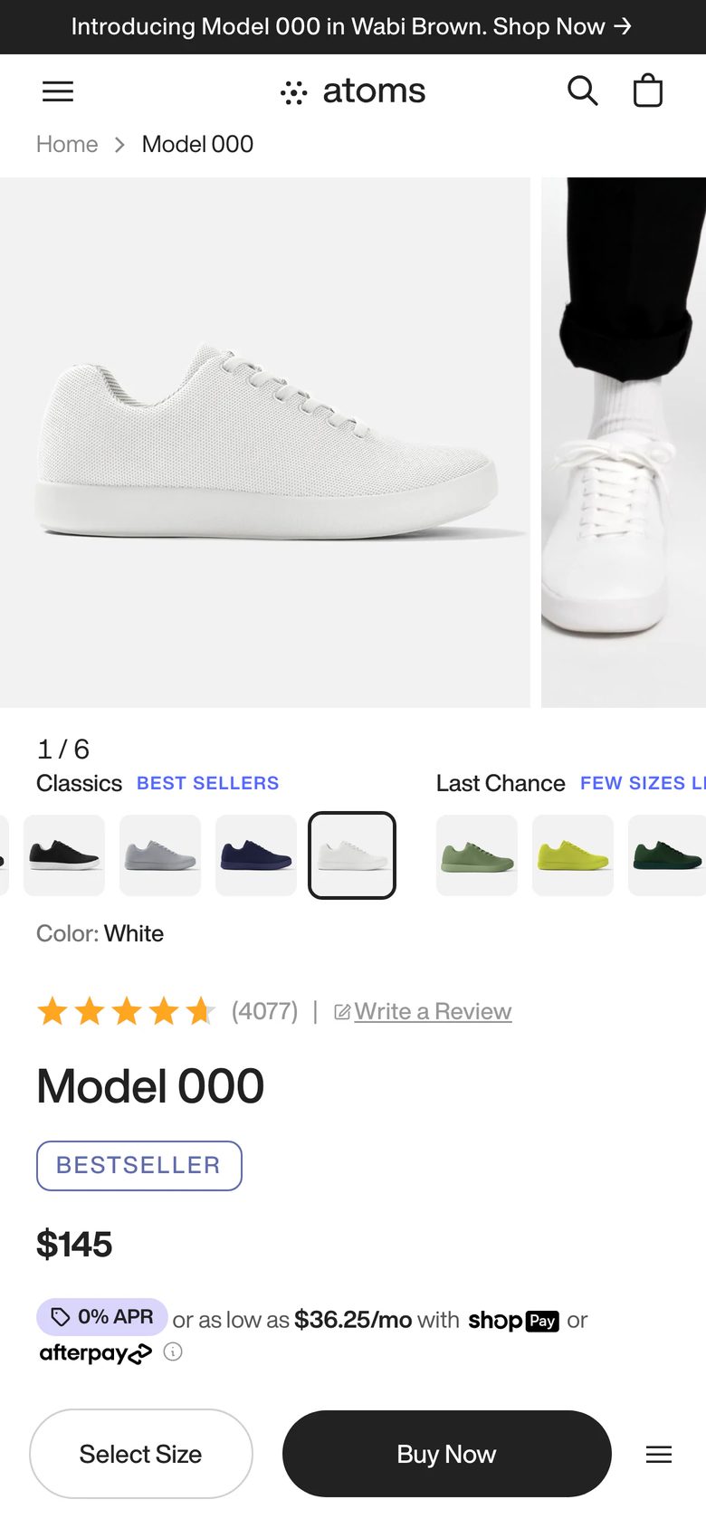Mobile product page of Atoms