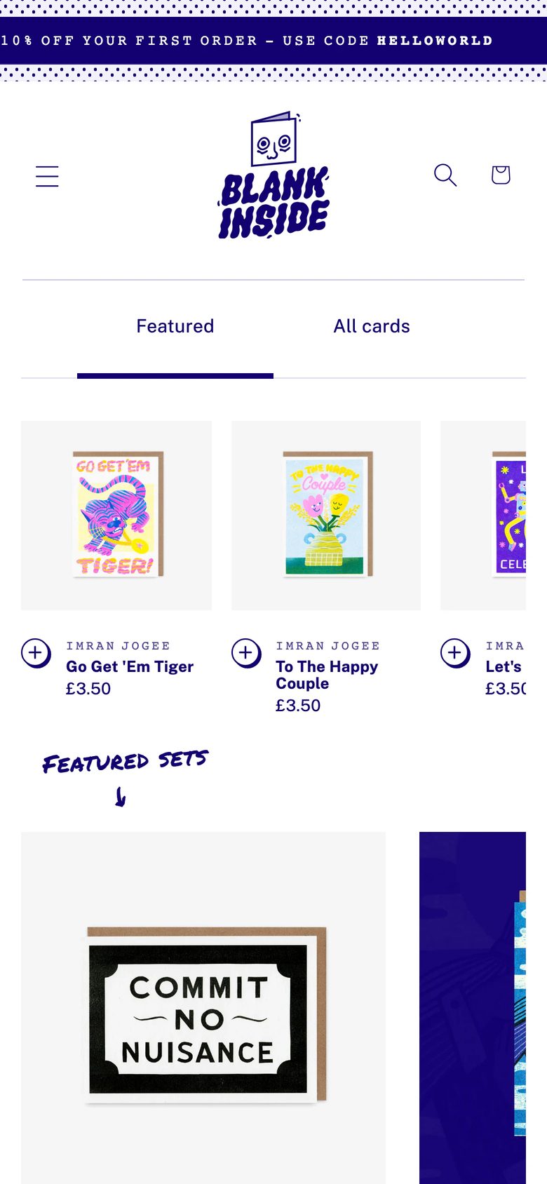 Mobile homepage of Blank Inside