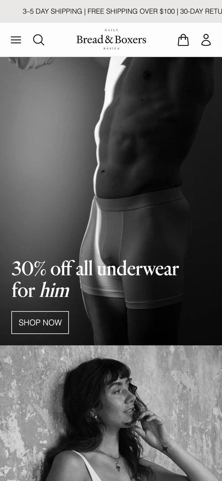 Mobile homepage of Bread & Boxers