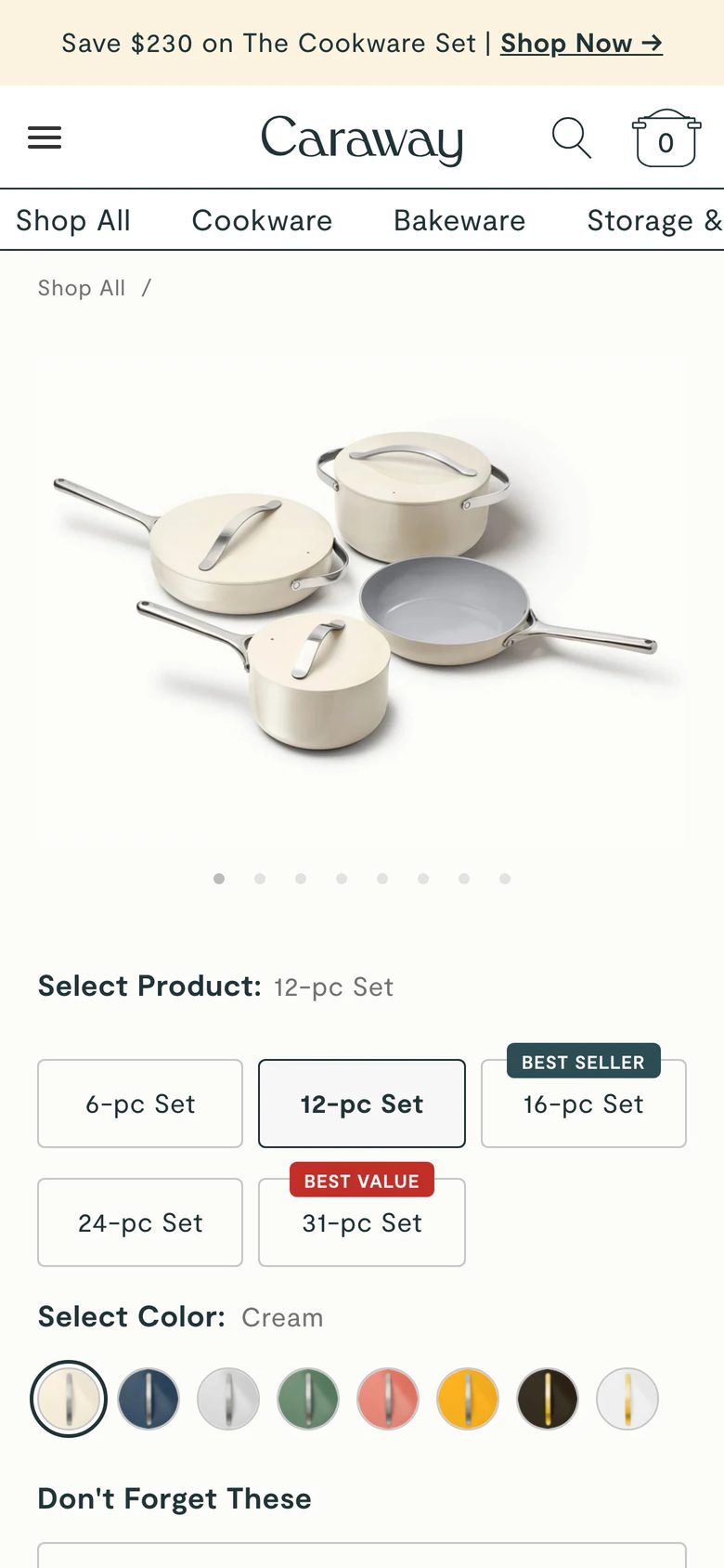 Mobile product page of Caraway