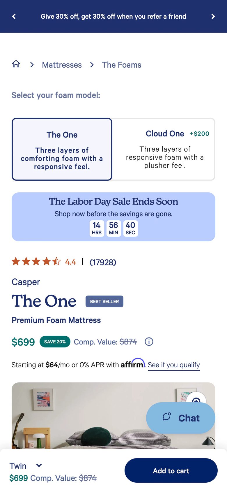Mobile product page of Casper