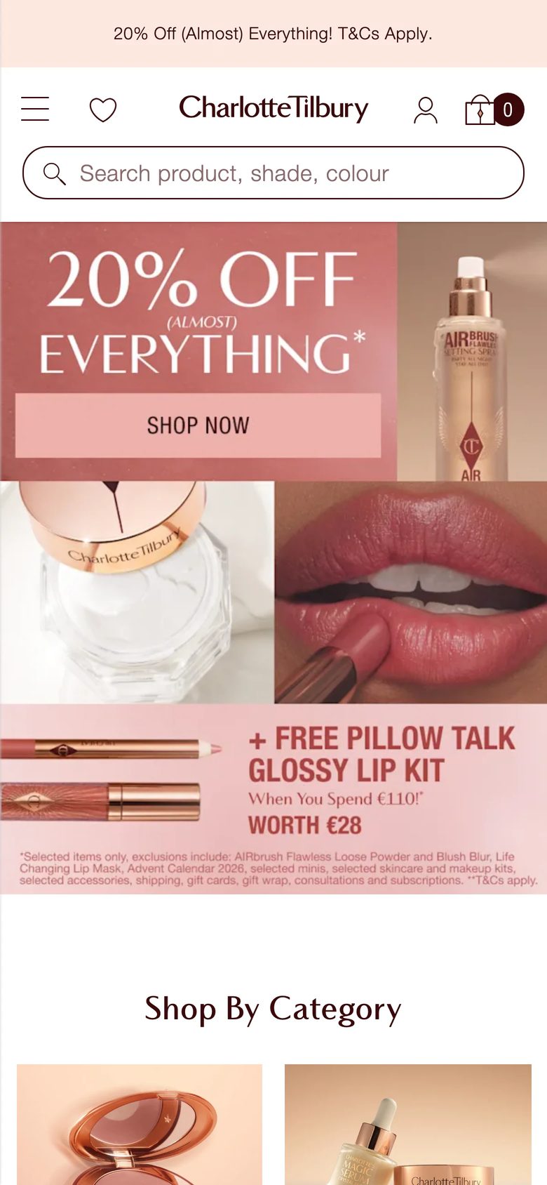 Mobile homepage of Charlotte Tilbury