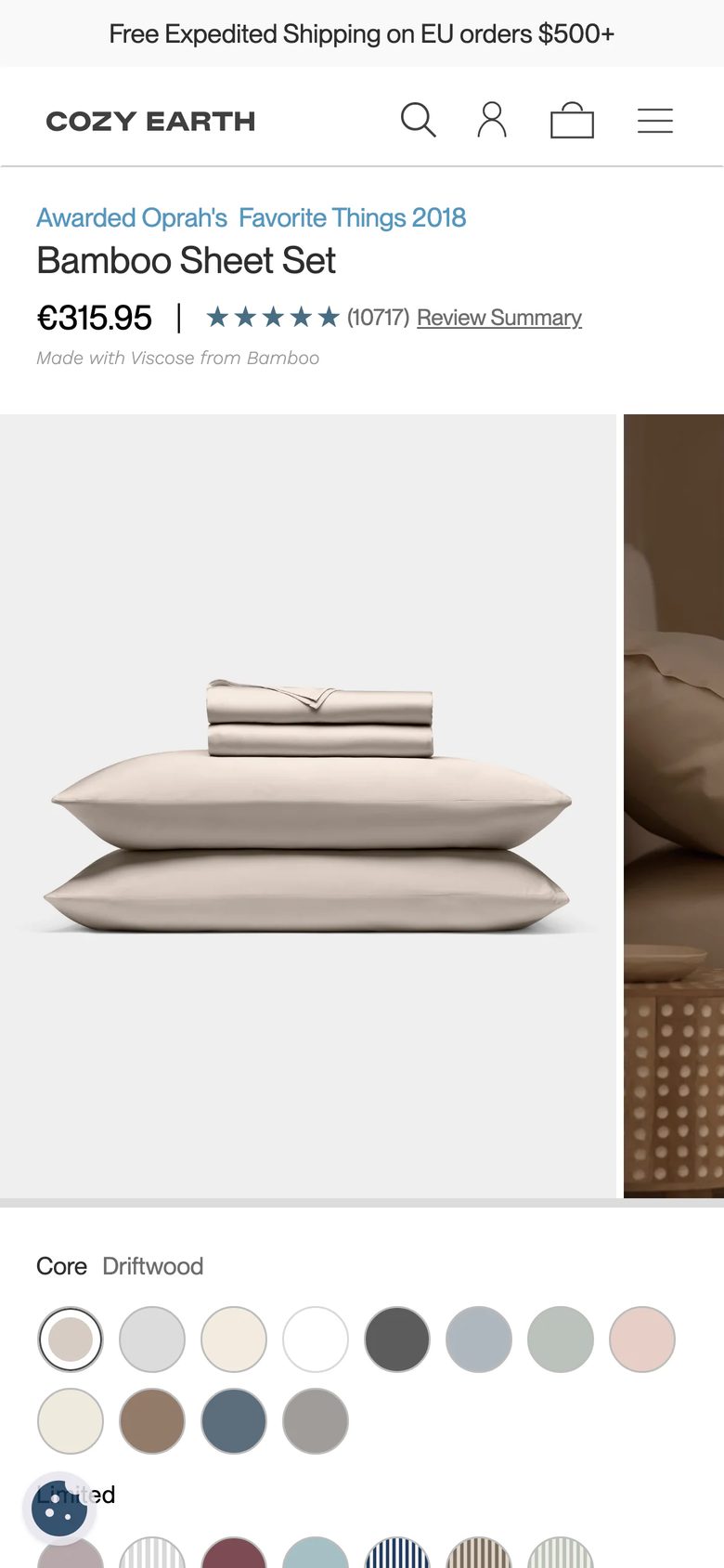 Mobile product page of Cozy Earth