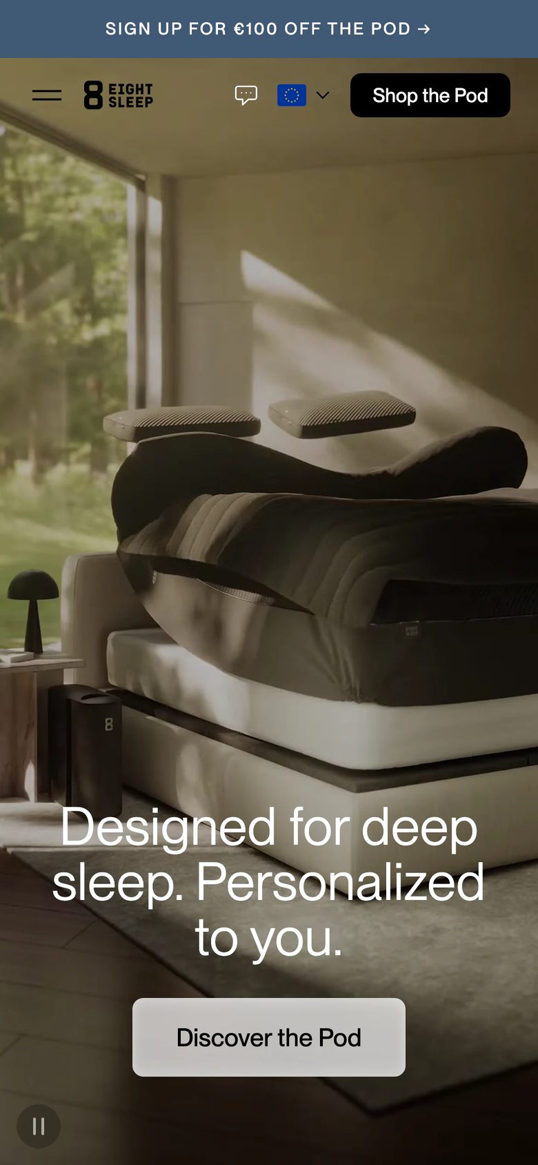 Mobile homepage of Eight Sleep