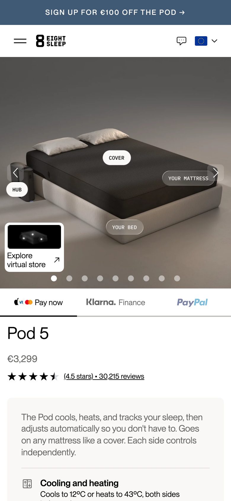 Mobile product page of Eight Sleep