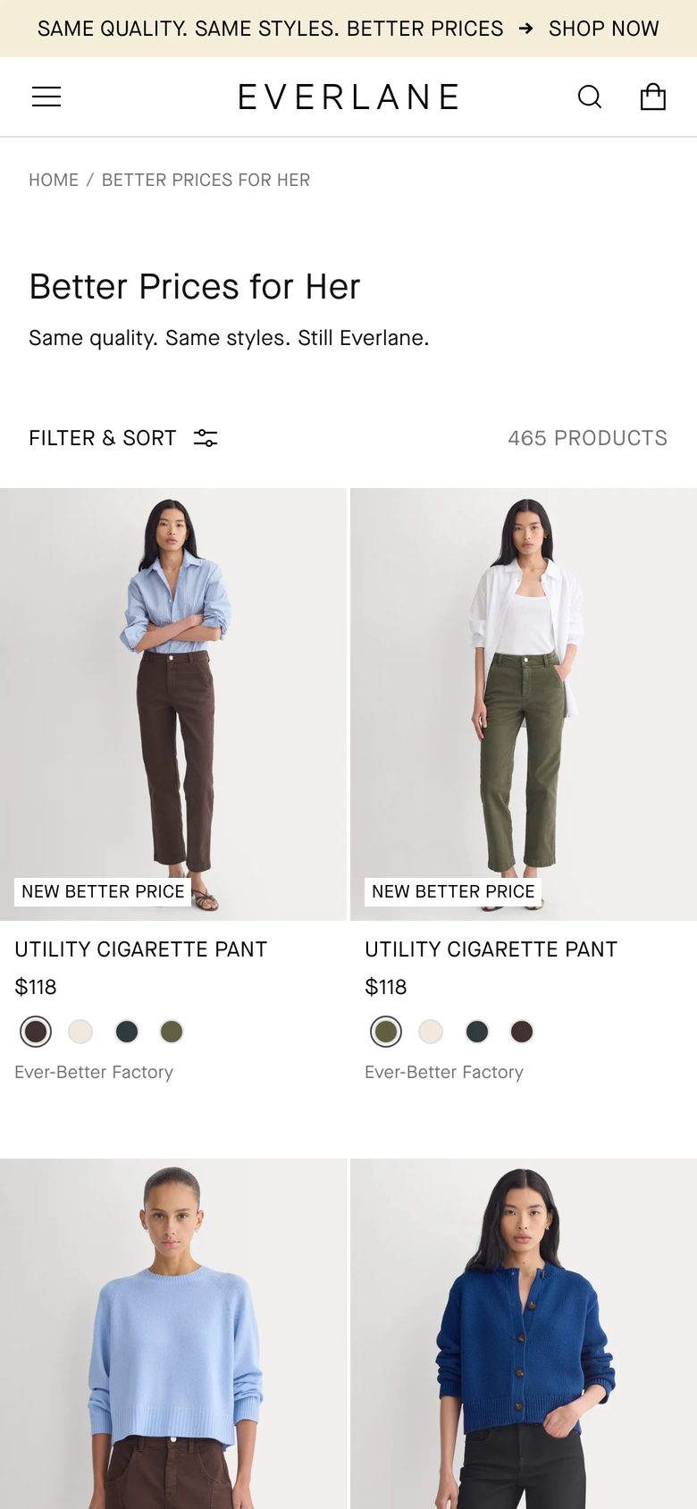 Mobile catalog of Everlane