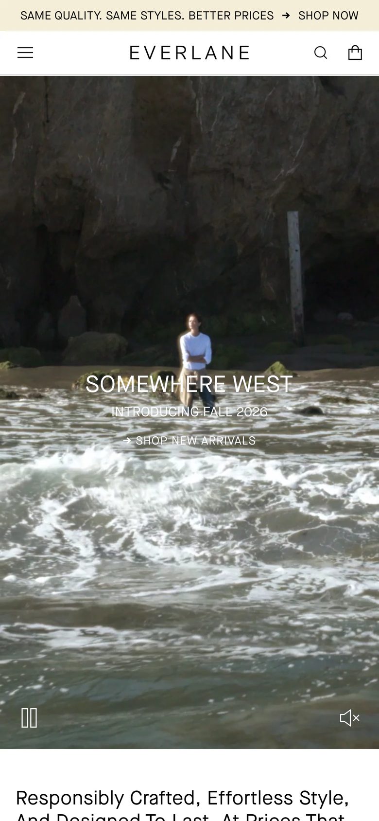 Mobile homepage of Everlane