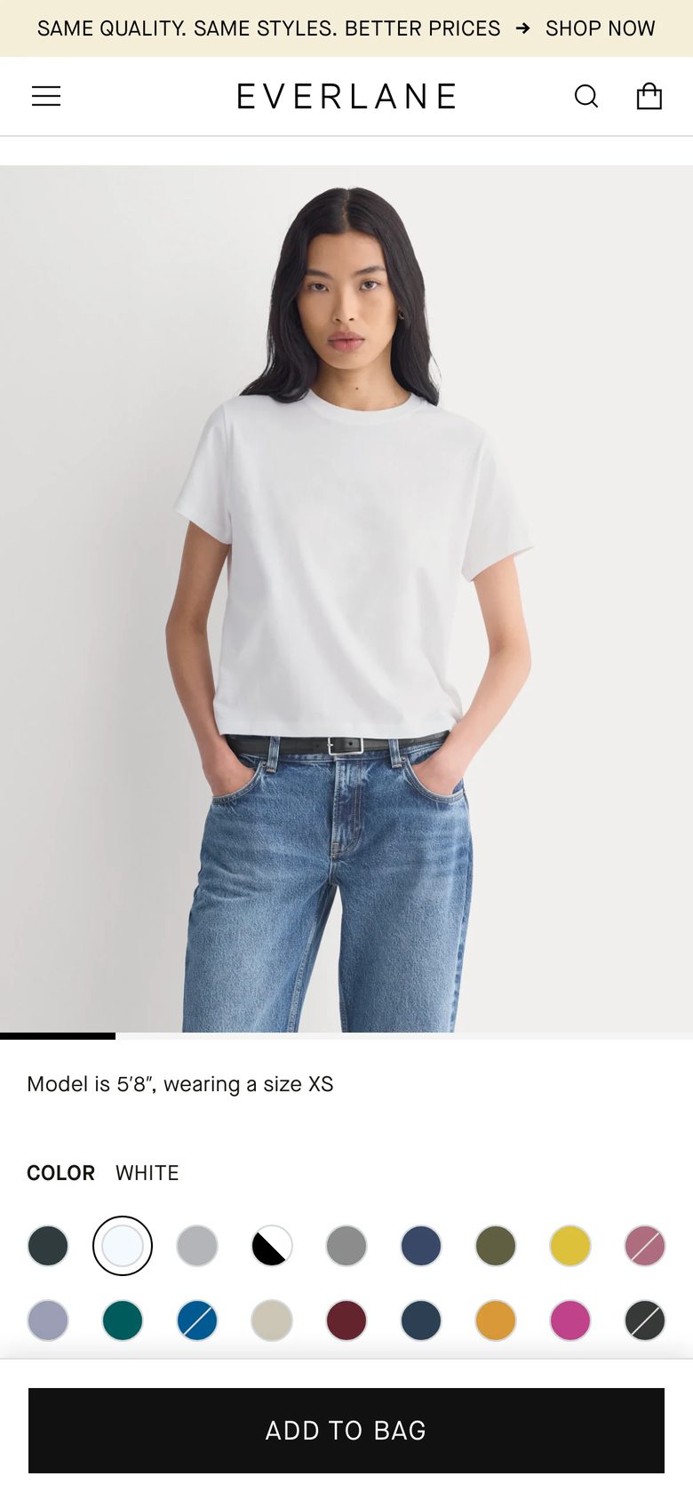 Mobile product page of Everlane