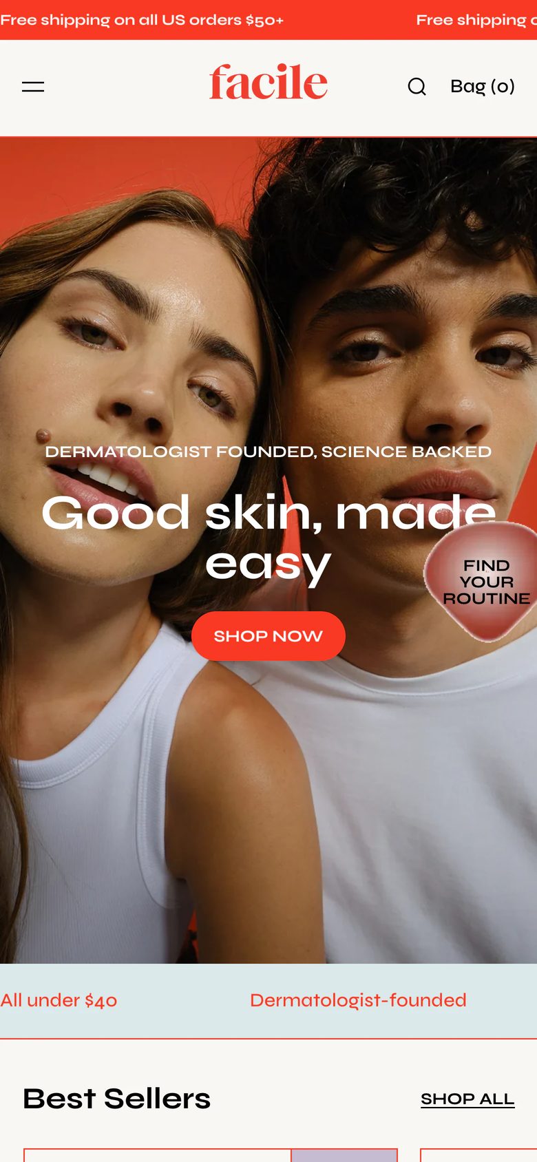 Mobile homepage of Facile