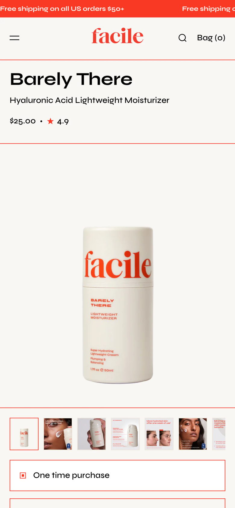 Mobile product page of Facile