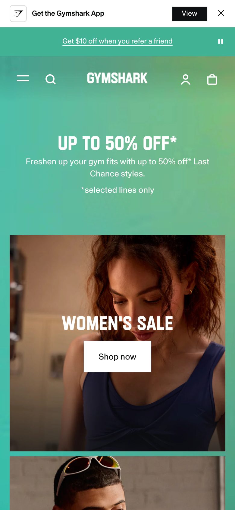 Mobile homepage of Gymshark