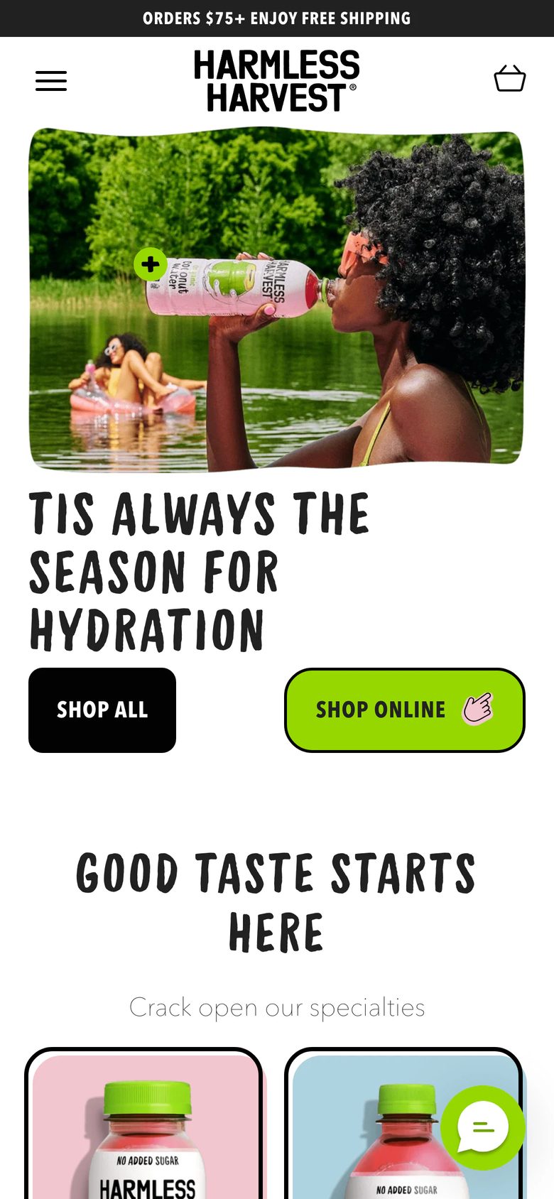 Mobile homepage of Harmless Harvest