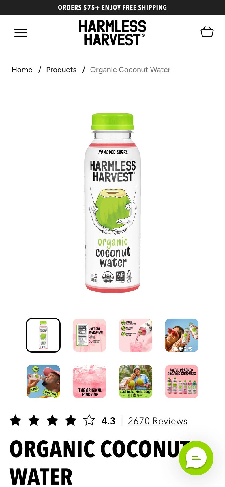 Mobile product page of Harmless Harvest