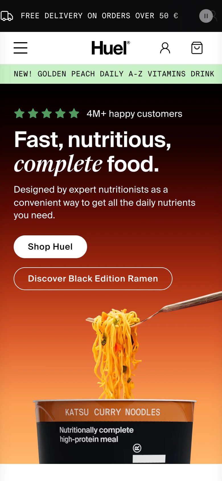Mobile homepage of Huel