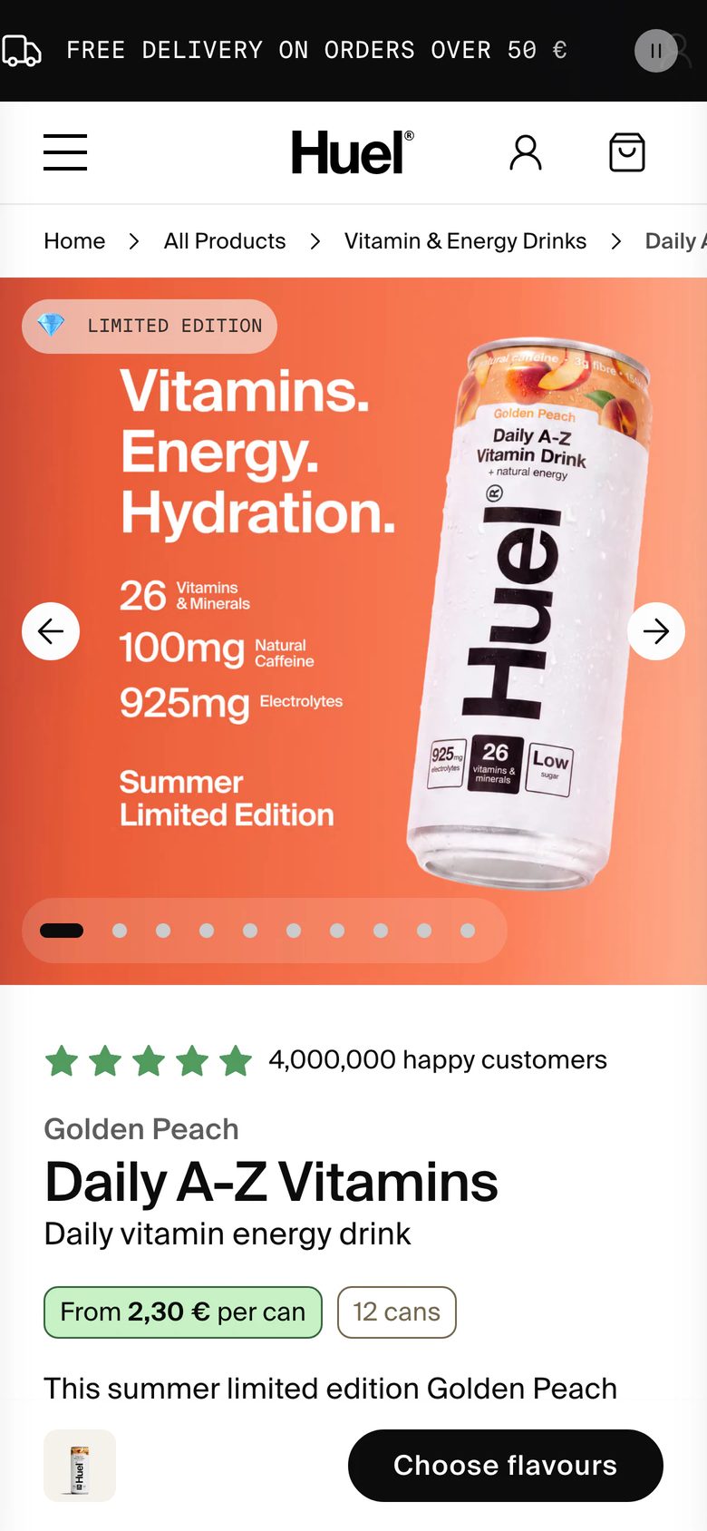 Mobile product page of Huel