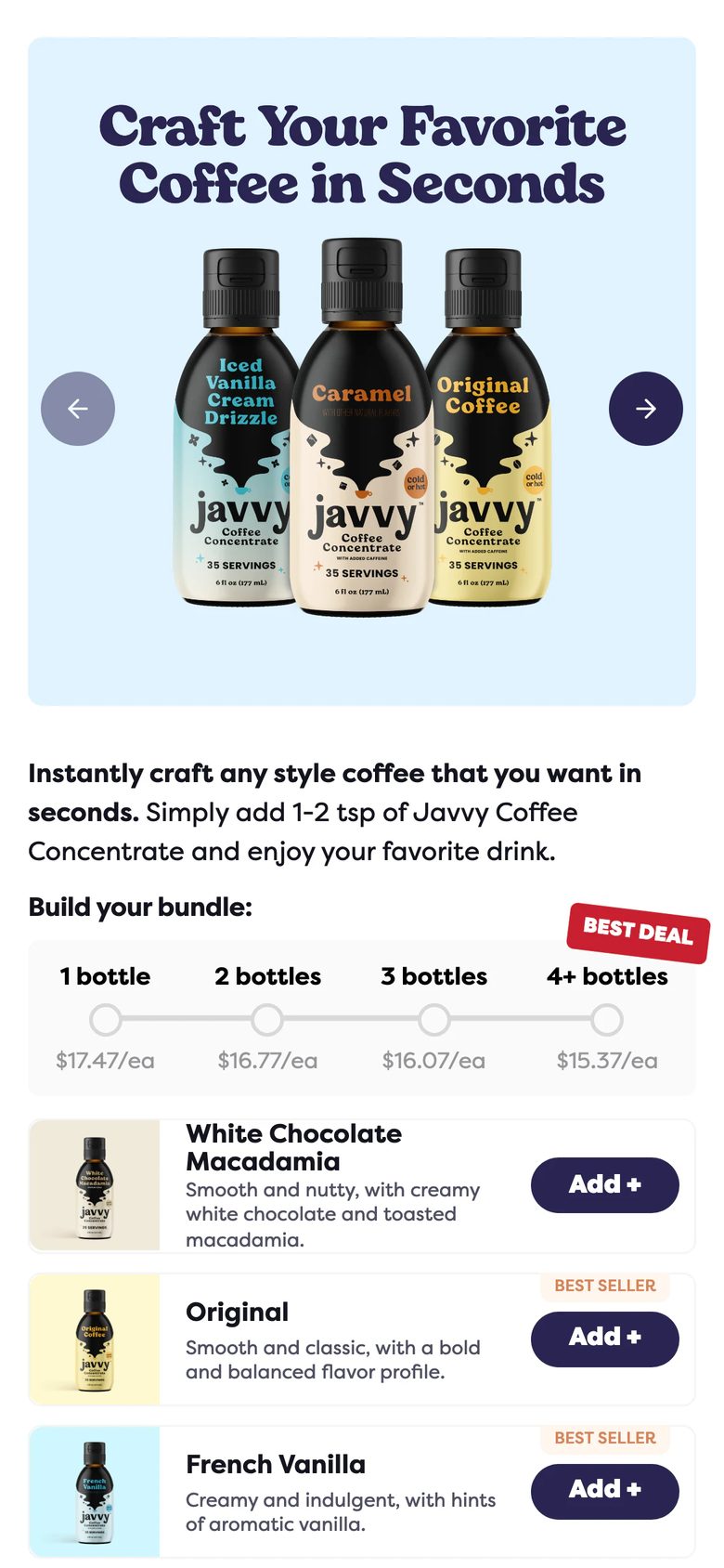 Mobile product page of Javvy